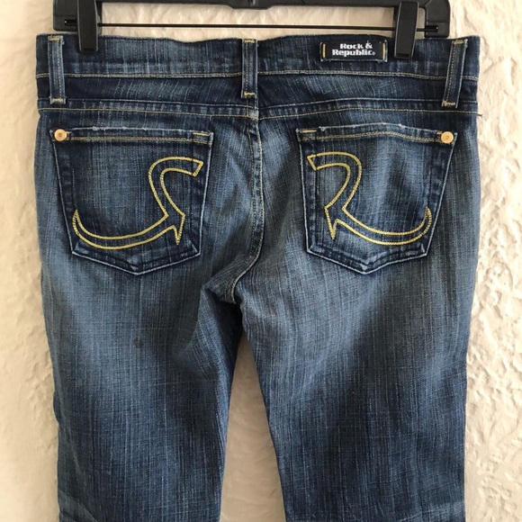 Rock & Republic Y2k 2000s Dark Wash Neon Yellow Low Rise Cropped Jeans Capris 28 - Picture 5 of 10